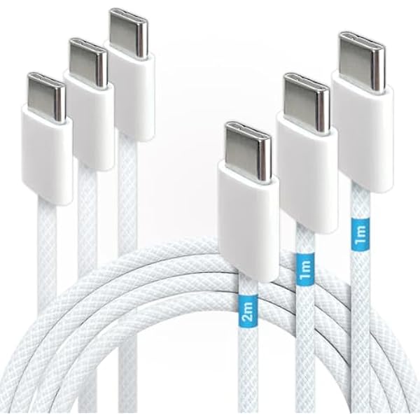Waytex Kabel USB C, szybkie ładowanie, 60 W, nylonowy, pleciony, biały, 2 kable 1 m + 1 kabel 2 m, kabel USB typu C 2,0 m, kabel do ładowania i dane 480 Mb/s do smartfona, tabletu, laptopa