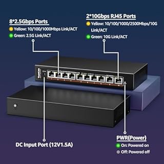 Commutateur Ethernet 10G à 10 Ports Non Géré, 8 x 2.5G Base-T Ports, 2 x 10Gb RJ45 Ports, Compatible 100/1000/2500Mbps, Boîtier Métallique, YuanLey Commutateur Réseau 2.5G/10G pour NAS
