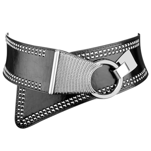 Womens Studded Belt Elastic Wide Punk Chunky Waistband for 80s Retro Dresses