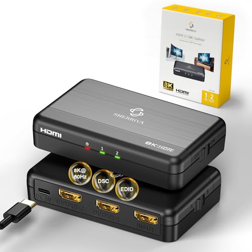 Image of 8K HDMI Splitter 1 in 2 Out (Mirror Only) – HDMI 2.1 8K@60Hz, 4K@240Hz DSC, 48Gbps, HDCP 2.3, EDID, Auto Downscaling, Duplicate Screens for Dual Monitors, TV, PS5, Xbox