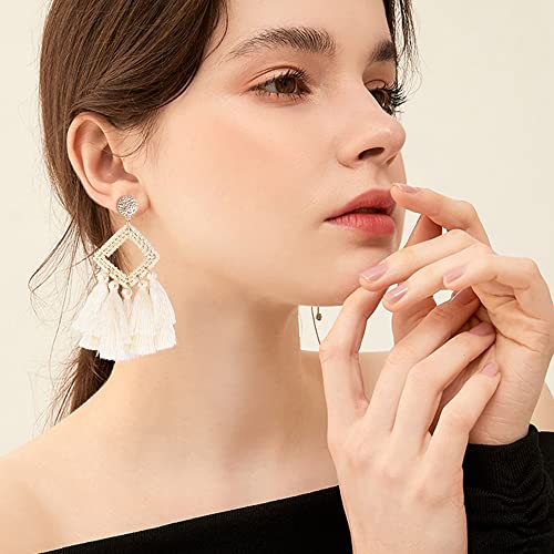 Finrezio 9 Pairs Clip On Drop Earrings For Women Statement Rattan Resin Acrylic Drop Dangle Earrings Lightweight Geometric Rattan Tassel Hoop Drop Dangle Earrings Jewelry (Acrylic Tassel Rattan Earrings) #TOP4