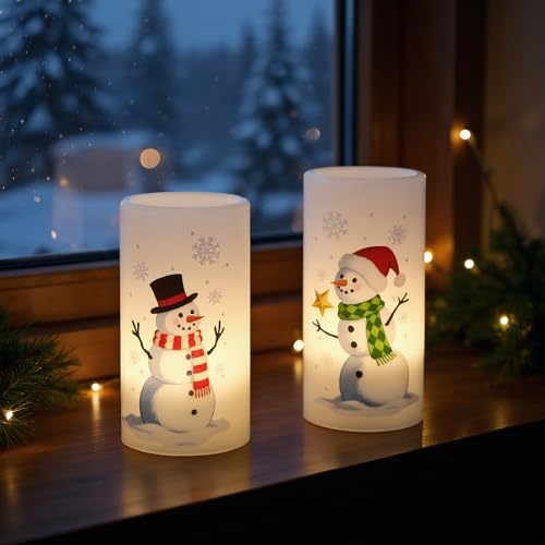 Image of Christmas Snowman Flameless Pillar Candles with Remote Timer