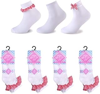 9 x Pairs of Girls Kids Gingham Trim Ankle Lace Bow Frill Ruffle School Daily Use Socks Red (9, 9-12)