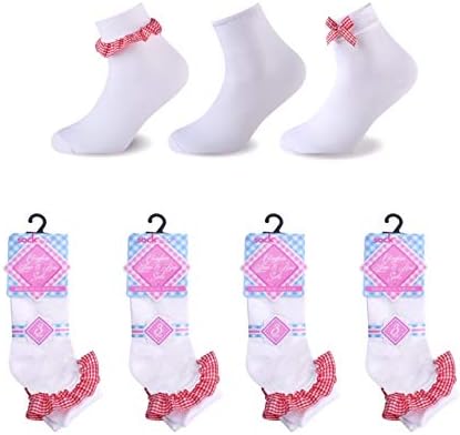 9 x Pairs of Girls Kids Gingham Trim Ankle Lace Bow Frill Ruffle School Daily Use Socks Red (9, 9-12)