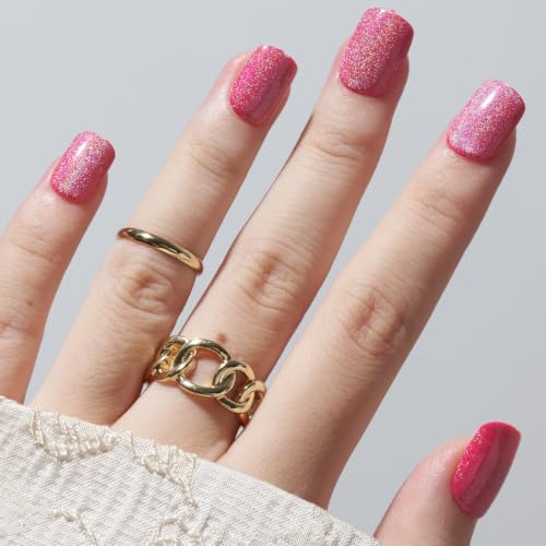 GLAMERMAID Laser Hot Pink Short Press on Nails, Aurora Cat Eyes Handmade Extra Short Squoval Glue on Nails for Women, Summer Square Soft Gel Fake Nails, Round Reusable Acrylic False Nail Kit for Women — view 4