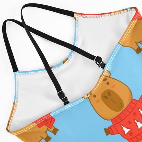 Girls One Piece Swimsuits Cute Winter Capybara on Blue Sport Halter Swimwear Beach Bathing Suit,9-10T4