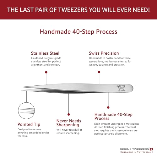 Regine Switzerland Splinter Tweezers – Professional Tweezer with Precision Point Needle Nose for Splinter, Ingrown Hair & Glass Extraction – Stainless Steel Sharp Tool for Men & Women – Silver