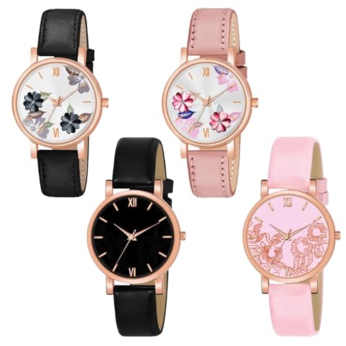 Image of Multicolor Flower Dial Leather Strap Gifts for Women Formal Girl's and Women's Watch Women's Analog Combo Watch for Women (Pack of 4)
