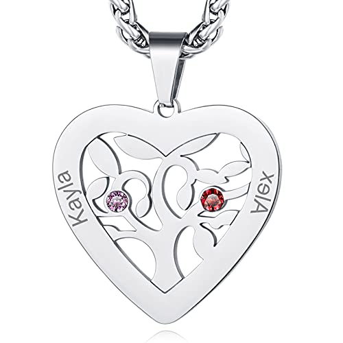 Custom4U Personalized Birthstone Name Necklace - Heart & Round Pendants Sterling Silver & Stainless Steel Family Tree of Life Charm Mother's Day Jewelry Gift for Women Mom Grandma 4-Stainles