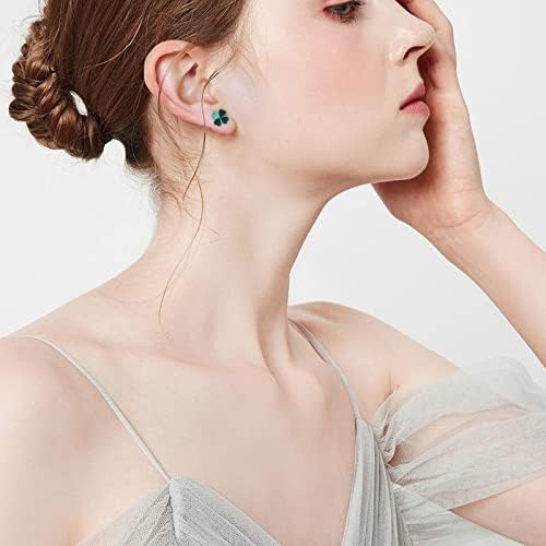 Qings Four Leaf Clover Stud Earrings 925 Sterling Silver Heart Lucky Shining Green Leaves Ear Studs St. Patrick's Day Floral Jewelry Gift for Women Girls