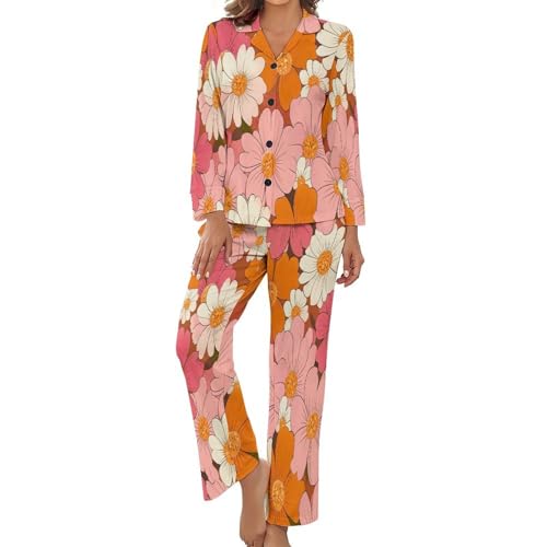 Pyjama femme 2 pièces imprimé jolie marguerite animée boutonné avec col à revers chic