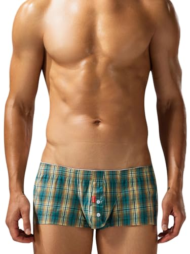 FEOYA Men Sexy Bulge Boxer Briefs with Button Fly Classic Fit Plaid Boxers Shorts Relax Fit Boxer Briefs Pouch Trunks Comfortable Pajamas Shorts Green L