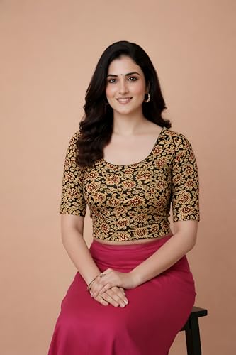 Image of Amazon Brand - Anarva Women's Kalamkari Print Cotton Stretchable Round Neck Readymade Saree Blouse