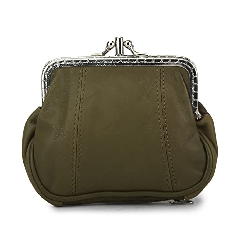 Women's Leather Metal Frame Double Clasp Zipper Coin Purse 5 1/4" X 3 1/4" (Army Green) #TOP1