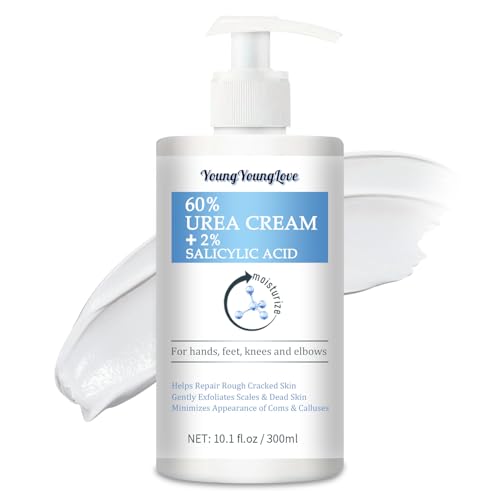 YOUNGYOUNGLOVE 10.1 Oz - 60% Urea plus 2% Salicylic Acid for Hand & Feet Maximum Strength, Deep Moisturizing Urea Foot Cream for Calluses Dry Cracked Feet Heels Knees Elbows Dead Skin, Callus Remover