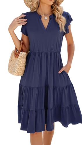 Image of Womens Summer Dress Ruffle Sleeve V Neck Midi Dresses Casual Fit Flowy Tiered Boho Beach Vacation Sundress