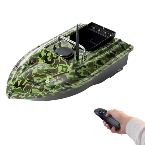 Charocean 500m Ferngesteuert Futterboot Angeln Nachtangeln Fischköder Köderboot mit LED-Navigator-Licht, Fernbedienung Futterboote Bait Boat Ferngesteuertes Köderboot 1.5 KG Beladung (Tarnung)