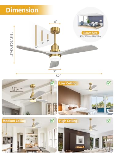 Image of Sofucor 52 Inch Wood Ceiling Fans with Lights and Remote, Indoor /Outdoor | Modern, 3 Blade, Quiet Reversible DC Motor, 3CCT Dimmable, 6 Speeds, Timer, Bedroom /Living Room /Patio /Kitchen, Gold+Grey