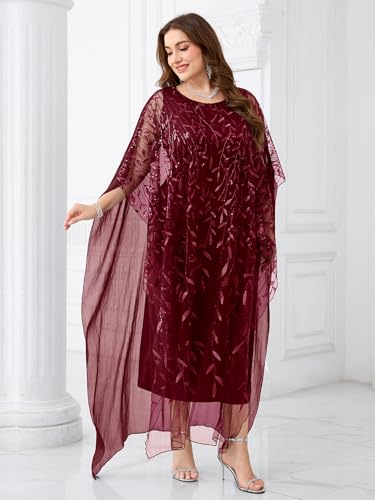 Image of Plus Size Sparkly Formal Evening Gown Sequin Cape Overlay Mother of Bride Dress Wedding Guest Cocktail Party