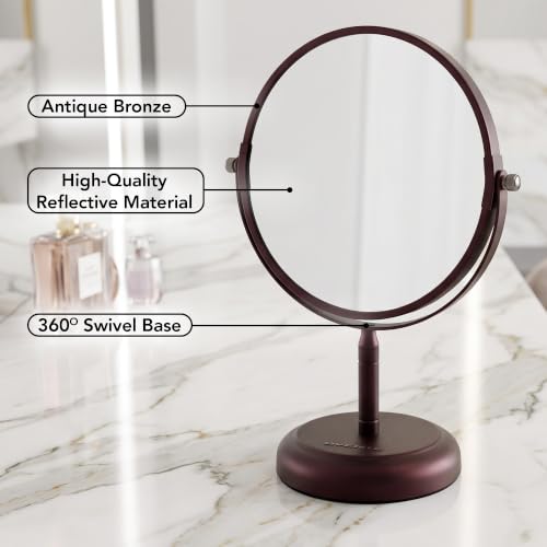 Image of OVENTE 7'' Makeup Mirror with 1X /5X, Antique Bronze MNLDT70ABZ1X5X | Tabletop 360 Swivel Design and Double-Sided Free-Standing Vanity Perfect for Dresser, Bedroom and Office Desk