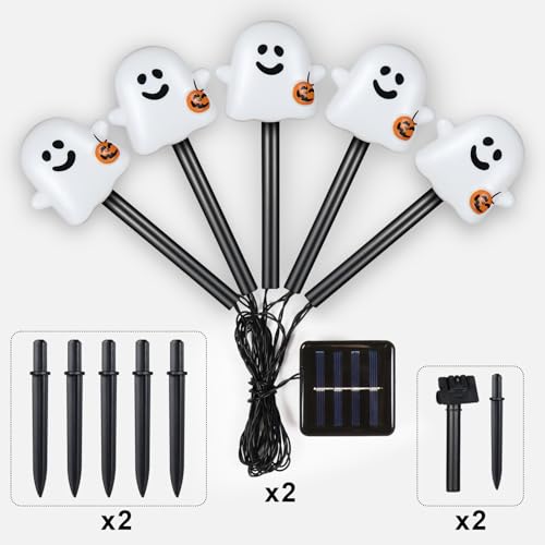 BRIGHTDECK Solar Halloween Ghost Pathway Lights, 10 Pack Ghost Stake Lights with Pumpkin Design, Durable Waterproof Outdoor Halloween Decoration for Garden, Walkway, and Yard (Cold White) by BRIGHTDECK - Image 3