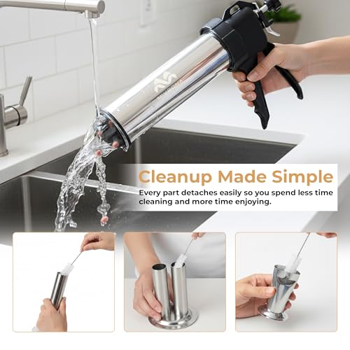 Professional Jerky Gun Kit –Stainless Steel Beef Meat Maker, Jerky Shooter & Sausage Stuffer with 5 Nozzles, Meat Pusher, 5 Cleaning Brushes(2Set) & Bonus Gloves - Thumbnail 7