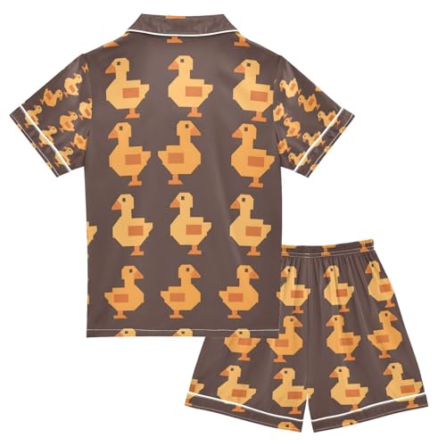 senya Duck Pixel Style Satin Summer Pajama Sets Silk Short Sleeve Button Down Sleepwear2