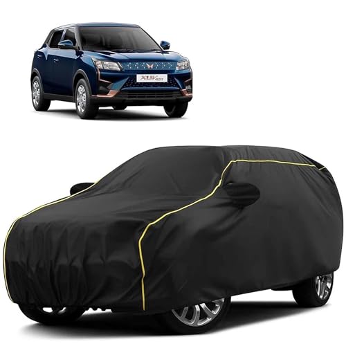 Image of Sulfar 100% Water Resistant Car Body Cover Compatible with Mirror for Mahindra XUV 400 (Triple Stitched, Full Bottom Elastic, Black Tafetta with Yellow Piping)