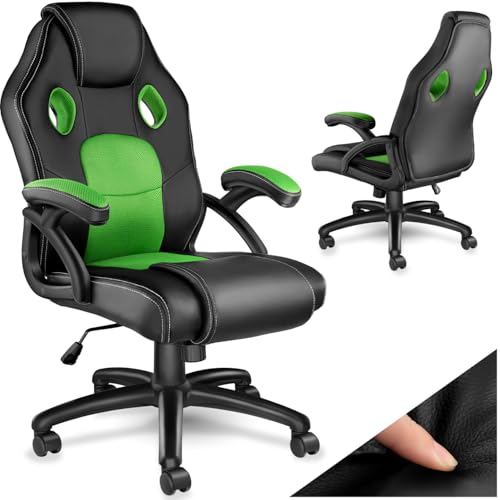 tectake® Racing Bürostuhl, Gaming Stuhl mit Wippfunktion, Chefsessel, Drehstuhl mit Rollen, höhenverstellbarer Schreibtischstuhl, Bürostuhl ergonomisch, PC Stuhl - schwarz/grün