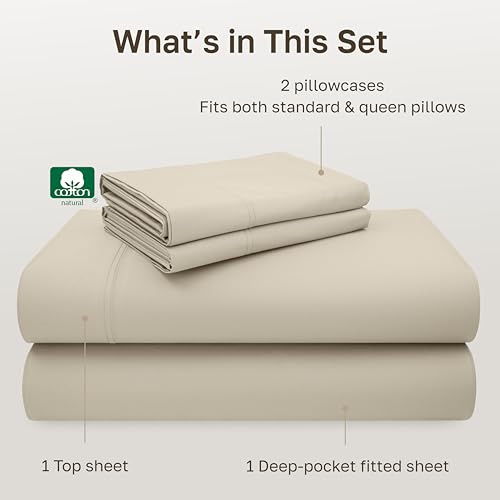 Image of California Design Den Full Size Bed Sheets Set - 600 Thread Count, 100% Cotton Sheets, Soft Sateen, Deep Pockets, Durable Bedding Set - Beige