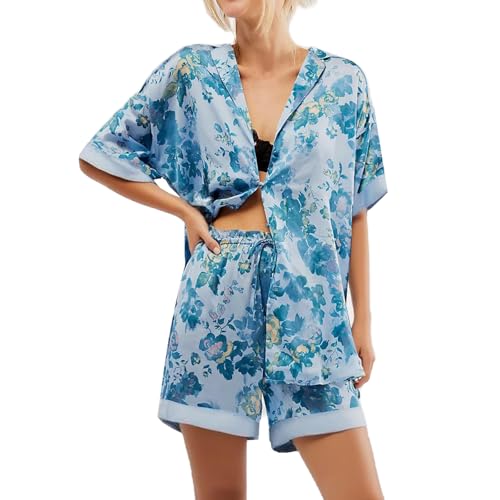 Image of Women Silk Pajamas Floral Satin 2 Piece Pajama Sets | Button Down Short Sleeve Shirt and Elastic High Waist Shorts, Vintage 2Pcs Pj Sets, Two Piece Lounge Set, Elegant Sleepwear