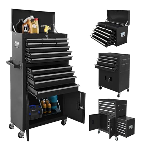 Sormols 13-Drawer Rolling Tool Chest with Double Doors, 2 in 1 Detachable Rolling Tool Chest with Drawers, Mobile Tool Cabinet Combo, Metal Large Lockable Tool Box for Garage Workshop (Black)