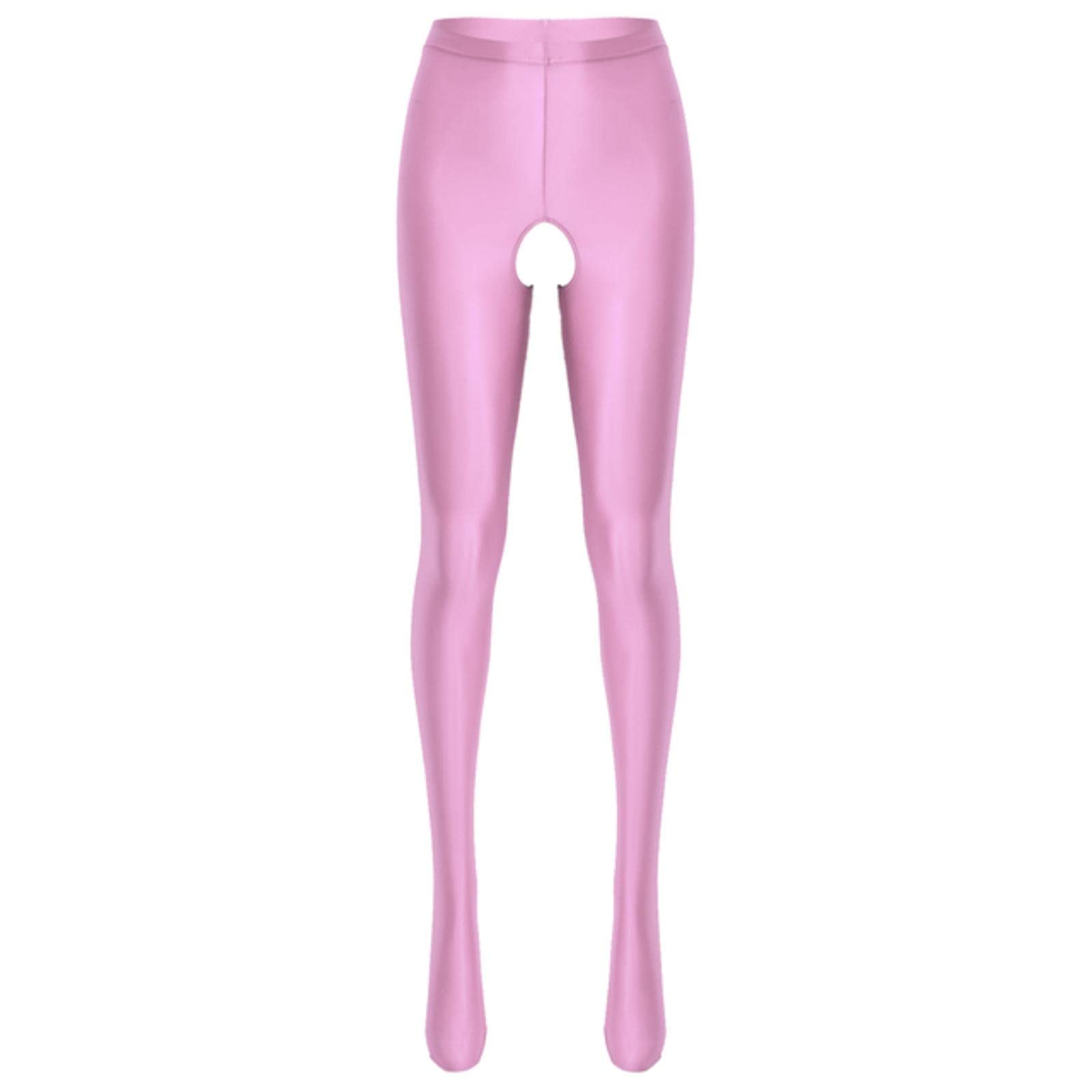 Cookoe Women's Pink Glossy Sexy Open Crotch Pants Oil Shiny Opaque Crotchless Pantyhose Wet Look Tights Silky Stockings High Waist Leggings