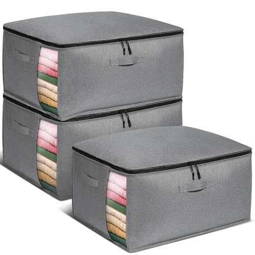 CBJHPZ Large Blanket Storage Bag, Thick Clothing Storage Bags for Clothes Sweater with Three Carrying Handles and Window, Linen Closet Organizer for Comforter Quilt Bedding, 70L, 3Pack