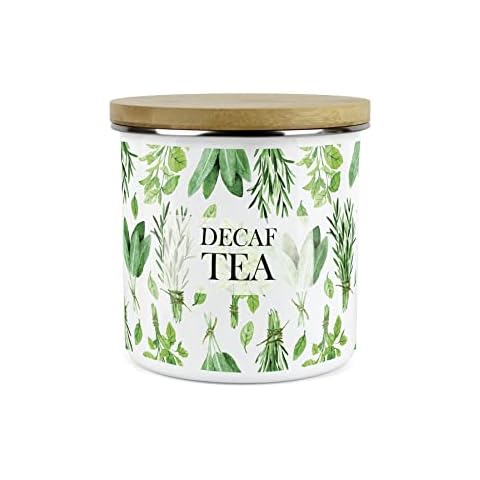Purely Home Kitchen Herbs Decaf Tea Canister - White & Green Metal Enamel Kitchen Food Storage Container Cover