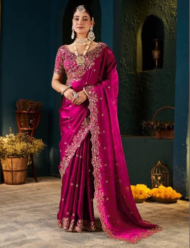 Image of DHARMEE Women's Silk Saree with Embroidered Blouse Piece, Traditional Parte Wear with Gold Border and Hand Work Lace Embellished, Solid /Plain, Applique, Woven, Bollywood Jimmy Jimmy, Satin Saree