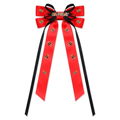 Boderier Game Day Accessories Hair Bows for Women Football Hair Bow Clip Long Tail Satin Ribbon Bow Barrette Hair Clip Sports Fan Hair Accessories Red Black