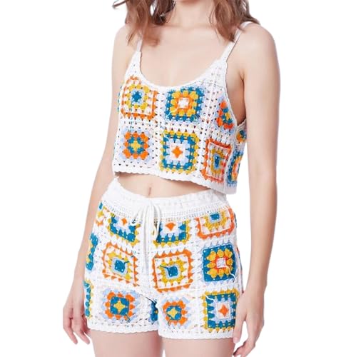 Floavery Women Girl Crochet 2 Piece Hollow Out Cami Crop Tops and Drawstring Short Sets Summer Cover Up Beachwear