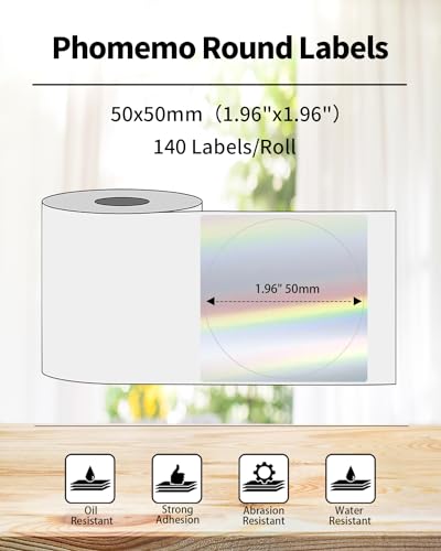 Phomemo Holographic Silver Thermal Runde Etiketten für M220 M250 M221 M120 M150 M108 M110 M421 Etikettendrucker für DIY-Logo-Design, Namensschild, 1 Rolle, 50x50mm, 140 Etiketten/Rolle