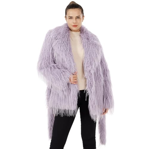 Women's Fluffy Faux Fur Coat Warm Lapel Shaggy Cardigan Outwear Open Front Fall Winter Jacket with Belt & Pockets2