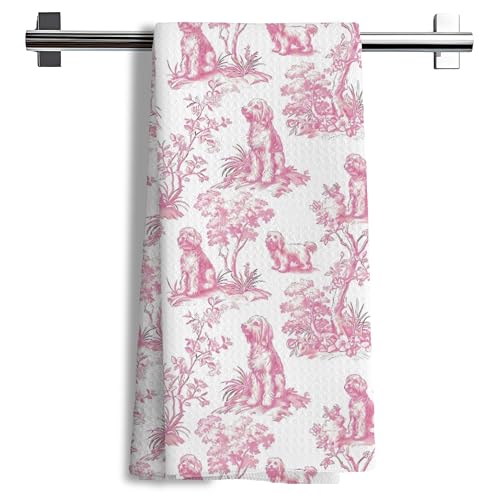 Nipil Pink Chinoiserie Poodle Kitchen Towels, Standard Poodle Gifts Hand Towels for Kitchen Bathroom Decor,Pink Botanical Grandmillennial Dog Decorative Dish Tea Towels, 16x24 Inch