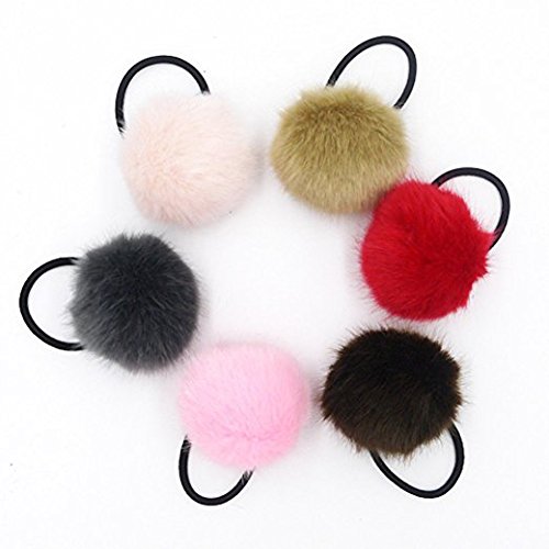 6 Pieces Cute Artificial Fur Pom Pom Ball Hair Tie Rope Rubber Bands Elastic Ponytail Holders