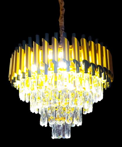 Image of DREAMY DESIGNS Chandelier Lights for Ceiling Black Gold 500 MM 4-Tier K9 Crystal Raindrop Chandeliers for Living Room LED Light Warm White for Hall Modern Jhumar Designer Bedroom and Dining Room
