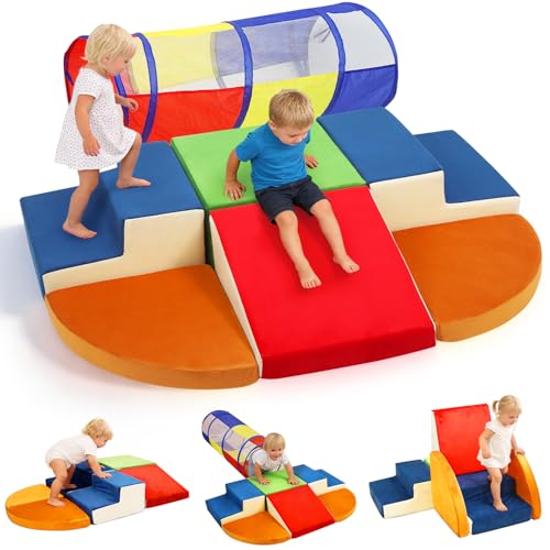 XIAPIA Lot de 6 Blocs de Construction en Mousse avec Tunnel de Jeu –Blocs Mousse Éducatifs Modulables–Parcours Motricité– Toboggans d'intérieur...