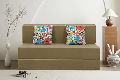 Image of Rosebell Foldable 2 Seater Sofa Cum Bed, Sofa Bed 4 X 6 Feet, Jute Fabric- Washable Cover- Including Two Printed Cushion Perfect for Home & Office - Golden Color