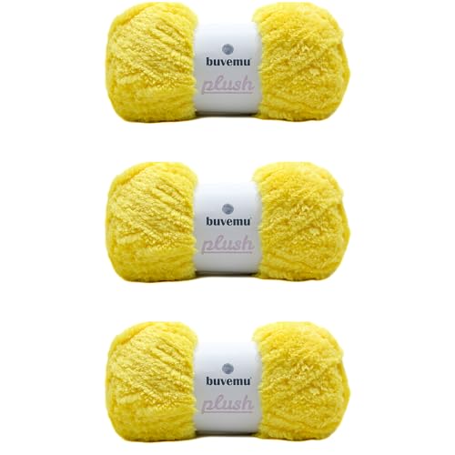 Image of Plush Faux Fur Bulky Yarn, Super Soft Fluffy Fuzzy for Knitting Crocheting Crafting, 100 Gram (3.53 Ounces) 109 Yards (100 Meters) (Yellow) (3 Skeins)