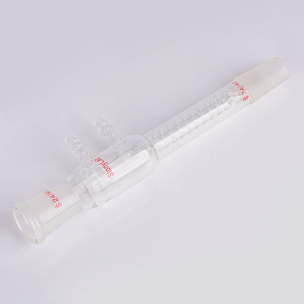 stonylab Condensatore a Riflusso a Bobina di Vetro, Vetro Borosilicato Condensatore a Bobina di Riflusso Dimroth con 24/40 Giunti e Raccordi per Tubi Flessibili, Lunghezza Totale 245 mm