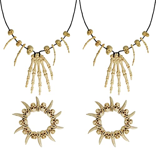 4 Pieces Halloween Skull Necklace Skeleton Necklace for Women Men Halloween Skull Skeleton Hand Bone Necklaces Head Bone Bracelet Bone Bracelet for Party Costume Accessories