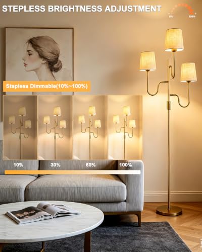 Image of 3-Light Gold Dimmable Floor Lamp with Linen Cone Shades, 3000K Warm White Standing Tall Lamp with Bulbs for Reading, Mid Century Modern Floor Lamp for Living Room Bedroom Sofa Corner Decor