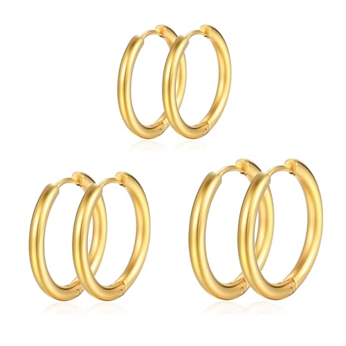 3 Pairs Small Gold Hoop Earrings for Women | 14K Gold Plated Huggie Earrings Set Cartilage Ear Cuff Lightweight -16/18/20mm